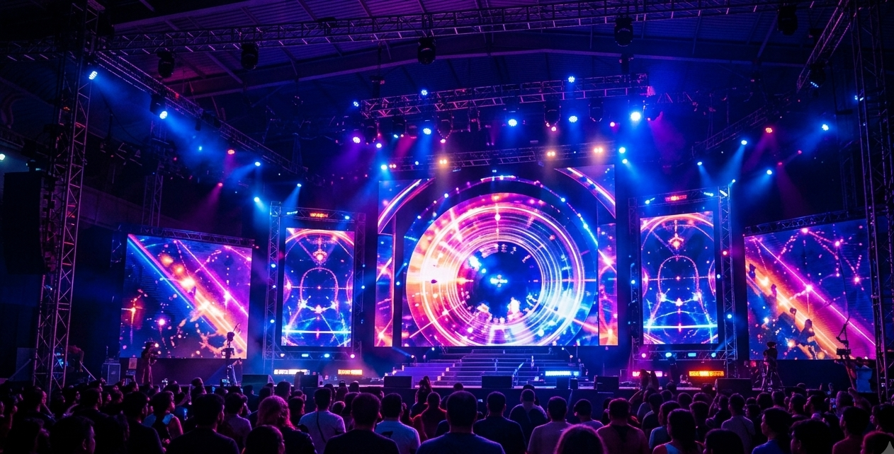 Large LED video wall stage setup with crowd at a concert