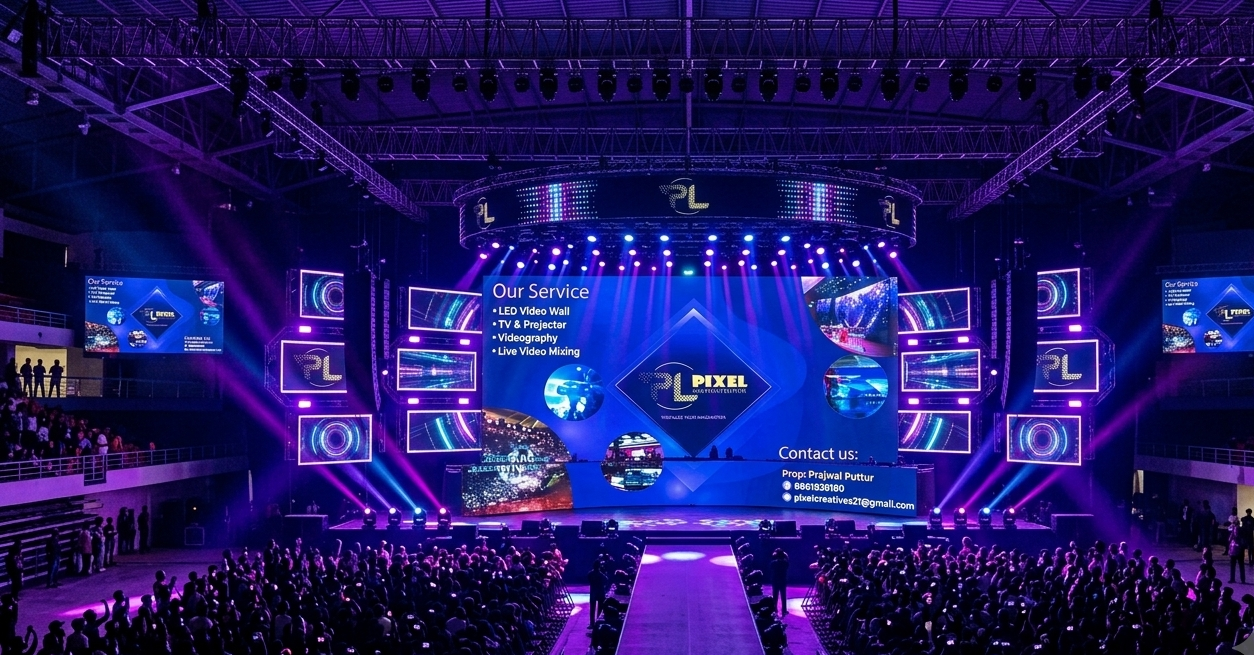 Custom LED video wall display with Pixel Creatives branding at a live event