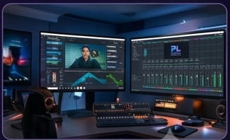 Video editing studio with color grading monitors