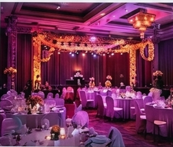 Elegantly decorated event venue with ambient lighting